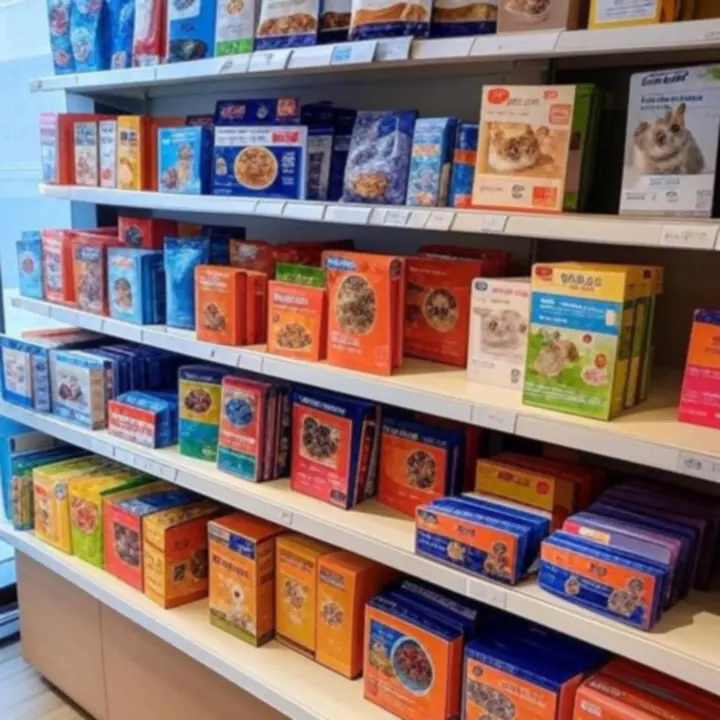 Różne produkty dla kotów ułożone na półce