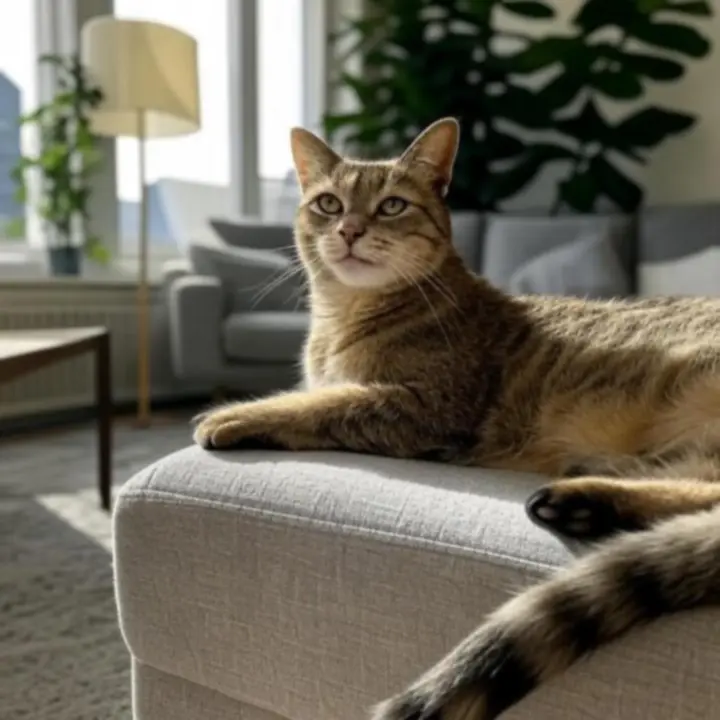 Kot odpoczywający w nowoczesnym salonie obok akcesoriów dla zwierząt