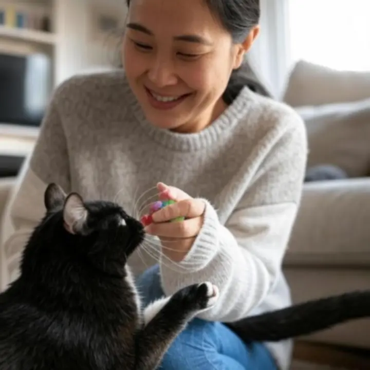 Właścicielka kota z nową zabawką