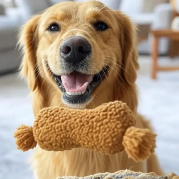 Pies z ulubioną zabawką i akcesoriami spacerowymi