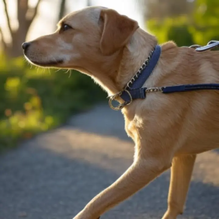 Pies na spacerze w stylowej obroży i na smyczy