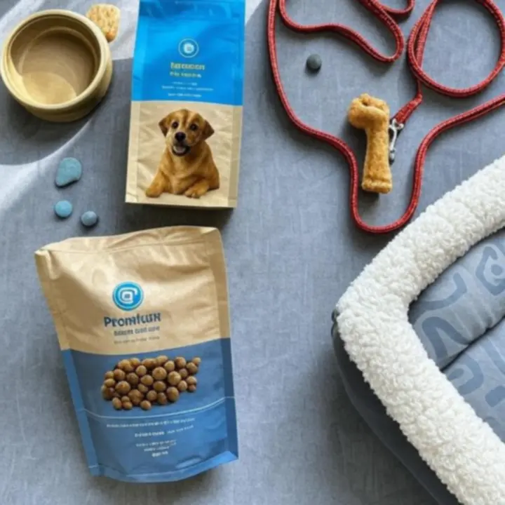 Płaski układ różnych produktów dla psów na jasnym tle