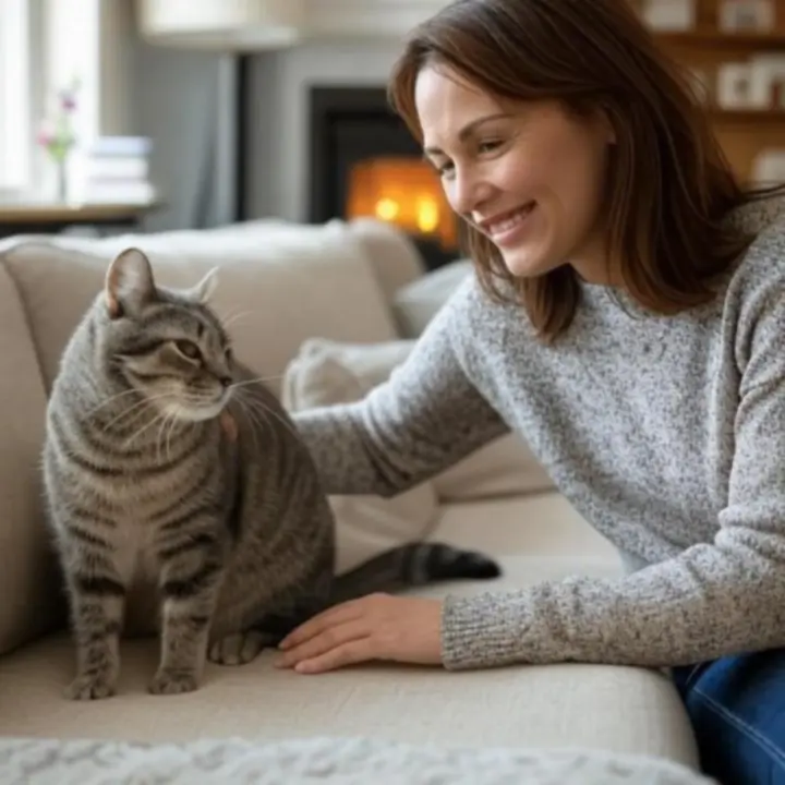 Zadowolony opiekun kota w domu