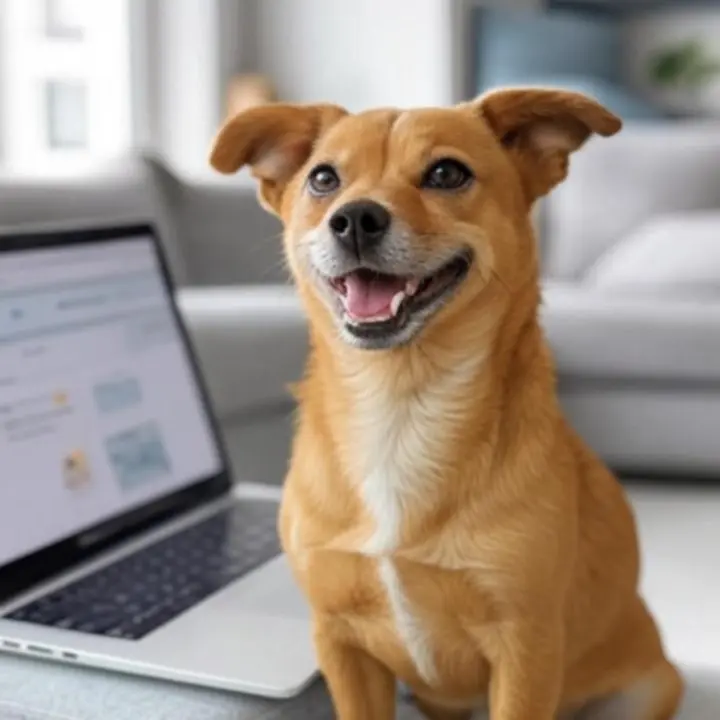 Uśmiechnięty pies obok laptopa przeglądający sklep internetowy