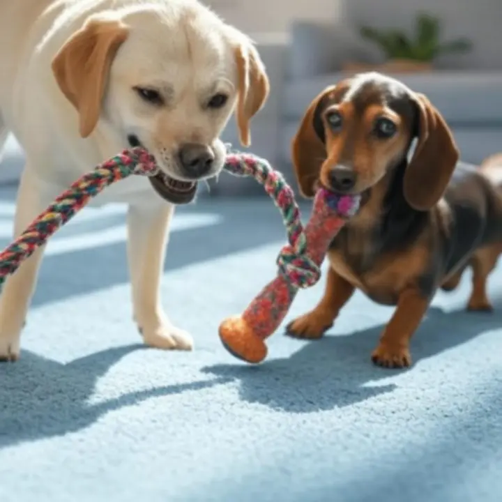 Psy bawiące się kolorowymi zabawkami
