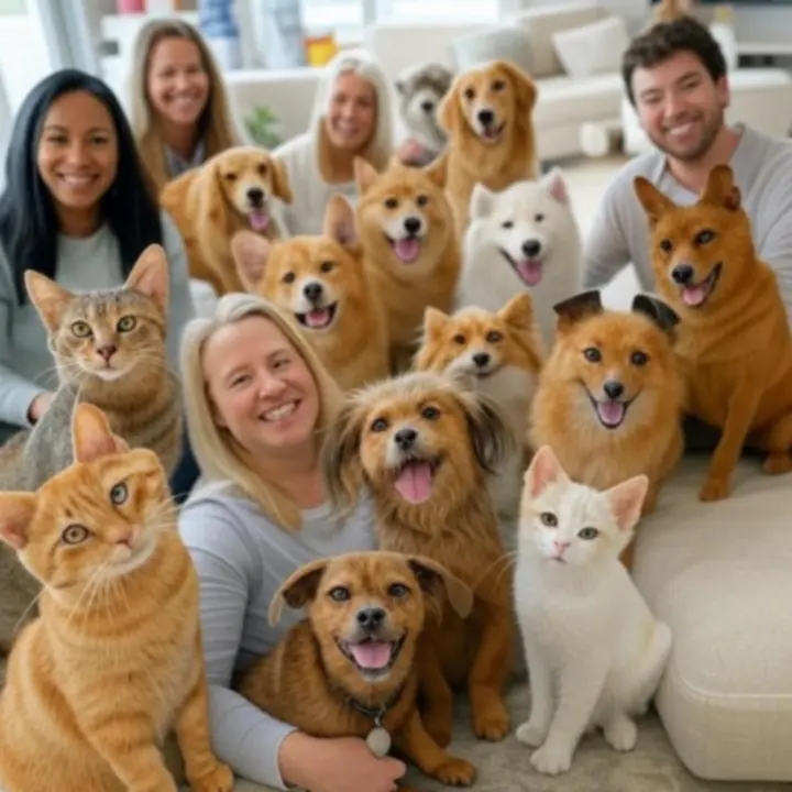 Zadowoleni opiekunowie zwierząt z ich pupilami